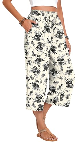 Image of Anyhold Women's Capri Pants Drawstring Casual Palazzo Trousers with Pockets Loose High Waisted Wide Leg Lounge Pants