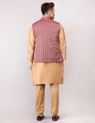 Image of Men's Cotton Silk Blend Regular Kurta Pyjama, Embroidered Nehru Jacket /Waistcoat Set