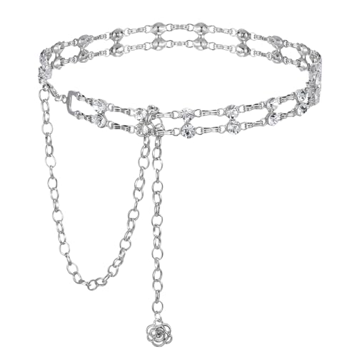 Rhinestone Belt Silver Belt For Woman Formal Dress Diamond Bling Wedding Bridal Belly Waist Chain For Women Chain Belts Fashion Silver Crystal Waist Buckle For Women Wedding Party Decor