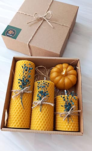Petekolu Beeswax Candle Gift Set of 4 Natural Beeswax Candles with Honey and Propolis Scent - Handmade with Dried Flowers - Perfect for Thanksgiving, Christmas, Birthdays, and Special Occasions