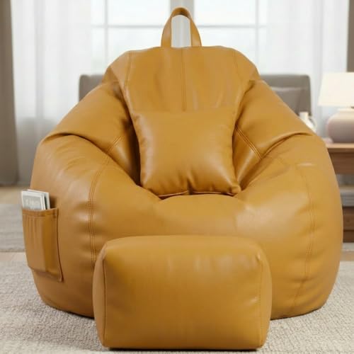 Image of KAM'S LIEU 5XL Luxury Faux Leather Bean Bag with Footrest & Cushion | Pre-Filled High-Density Polystyrene Beans | Premium Leatherette | 6 Months Warranty Color- (Yellow, with Footrest)