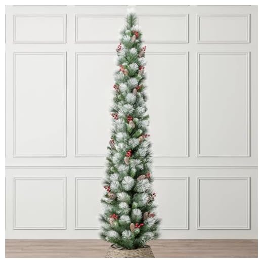 Christow 7ft Pencil Christmas Tree with Snow Pine Cones & Berries, Luxury Artificial Slim Spruce with Stand, Indoor Home Decoration, Natural Looking PE & PVC Needles (tree skirt not included)