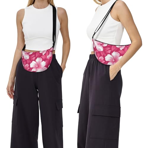 Crossbody Crescent Bag, Dumpling Bag, Pink Hibiscus Floral Crescent Shoulder Bag, Casual Lightweight Crescent Crossbody Bags with Adjustable Strap2