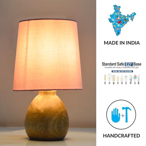 Image of Wooden Bedside Table Lamp with Fabric Shade, Warm Ambient Light, Handmade Mango Wood Base, Rustic Farmhouse Design, Cute Dowel, 15 x 15 x 25 cm (Pink)
