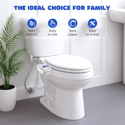 Image of POCALAND Bidet Attachment for Toilet Seat, Non-Electric Cold Water Bidet with Pressure Controls, Dual Nozzles for Frontal & Rear Wash, Retractable Self-Cleaning for Female & Old- White