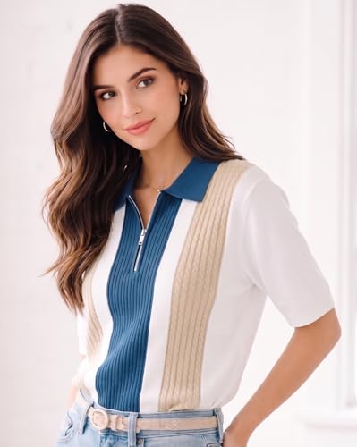 Image of AUSK Women's Casual Summer Polo Knit T-Shirt | Zip Collar Top | Half Sleeves | Ribbed Panel Design | Lightweight Comfort | Regular Fit