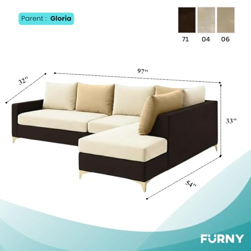 Image of FURNY Gloriss 6 Seater Fabric RHS L Shape Sofa Set with Multi-Color Beige Cushions (Cream-Dark Brown) Premium Velvet Finish with Golden Legs | Ideal for Living Room, Offices
