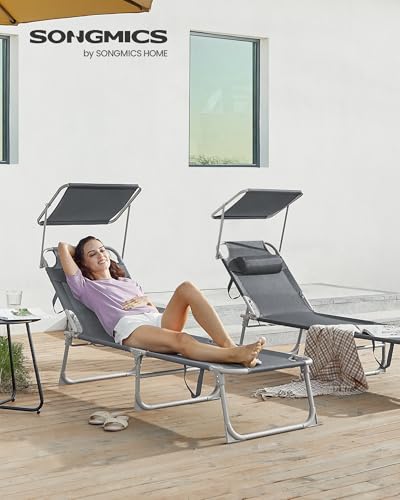 SONGMICS Sonnenliege, klappbarer Liegestuhl, 193 x 53 x 29 cm, trägt bis zu 150 kg, Sonnenschutz, Kopfkissen, verstellbare Rückenlehne, für Garten, Pool, Terrasse, dunkelgrau GCB19UV1
