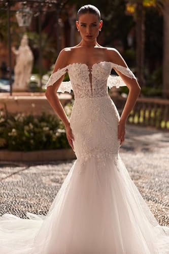 Zeeyecie Off Shoulder Tulle Wedding Dresses Mermaid Lace Applique V-Neck Sparkly Bridal Gowns with Train for Brides4