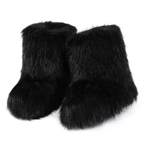 ipx Furry Faux Fur Boots for Women Fuzzy Fluffy Mid Calf Round Toe Snow Boots Women's Fashion Comfy Winter Boots Plush Warm Short Flat Heel Mid-Calf Shoes2