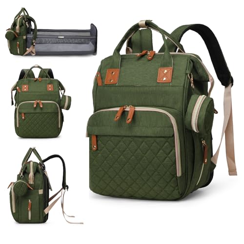 Image of Lamroro Diaper Bag with Changing Station, Waterproof 3 in 1 Baby Diaper Backpack with Foldable Changing Pad, Large Travel Back Pack for Girl Boy, Green
