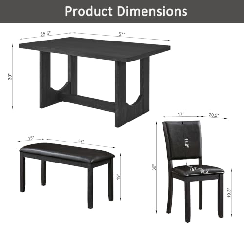 Image of LUMISOL 6 Piece Farmhouse Dining Table Set, Solid Wood Dining Table with 4 PU Leather Chairs and Bench, U-Shaped Base Kitchen Set for Dining Room, Kitchen, Antique Black + Brown
