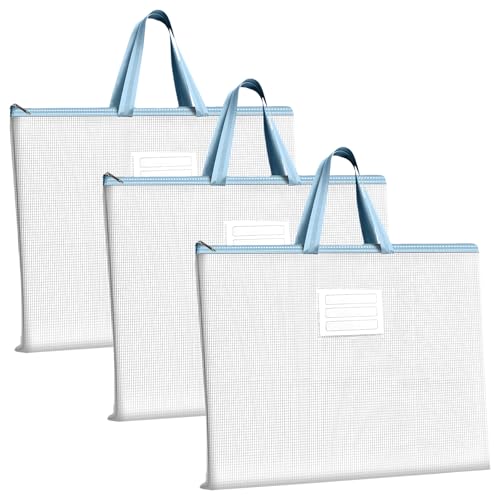 JIESHEPR 3Pcs A3 Art Folder with Handle and Zipper Waterproof A3 Portfolio Folder for Posters and Drawings Mesh Storage Bag Diamond Art Carry Case for Students and Artists