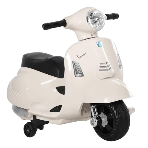 HOMCOM Moto Elettrica per Bambini 6V con Licenza Ufficiale Vespa Batteria, Motorino Elettrico per Bambini da 18-36 Mesi con Fari e Clacson, 66.5x38x52cm, Bianco