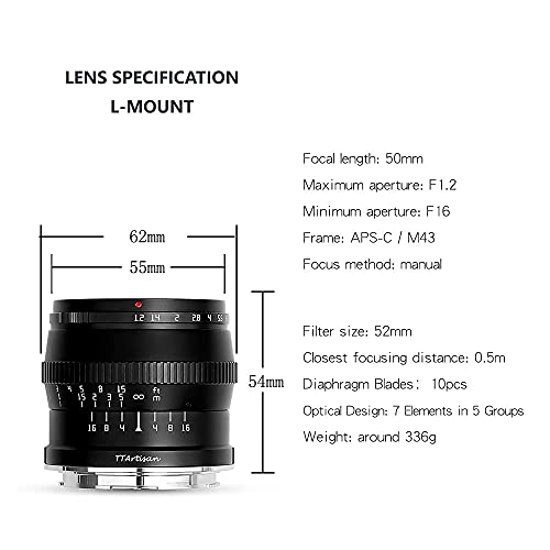 Image of TTARTISAN 50mm F1.2 APS-C Large Aperture Manual Focus Lens for L Mount Camera Like T TL CL TL2 FP APS-C Mode