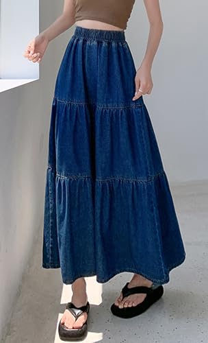 chouyatou Women's Spring High Elastic Waist Tiered Denim Skirt Summer A-Line Maxi Long Jean Skirt4