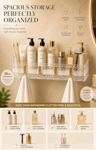 Image of Transparent Acrylic Shower Caddy with Golden Hooks| Bathroom Wall Shelf Organizer with Tier Storage for Toiletries, Shampoo, Skincare, Cosmetics & Bathroom Accessories