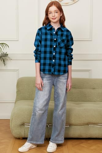Image of SANGTREE Women and Girls Long Sleeve Flannel Casual Button Down Plaid Shirt