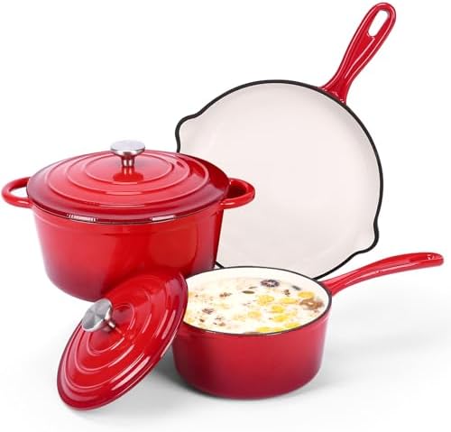 Denmay Enamelled Cast Iron Cookware Set - 5 Piece Dutch Ovens, Po...