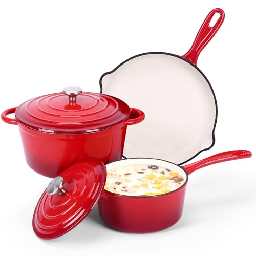 Denmay Enamelled Cast Iron Cookware Set - 5 Piece Dutch Ovens, Pot, Pan, Dutch Oven Set Baking Bread, Ceramic Non-Stick Coating, Gas/Induction Compatible, PFA Free, Red