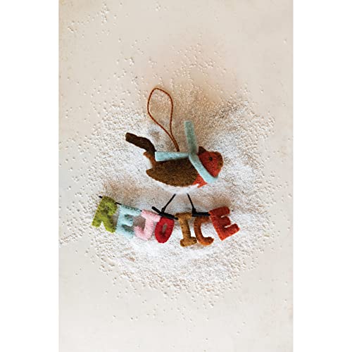 Creative Co-Op Wool Felt Bird With Scarf Ornament with "Rejoice" Message, Multicolor2