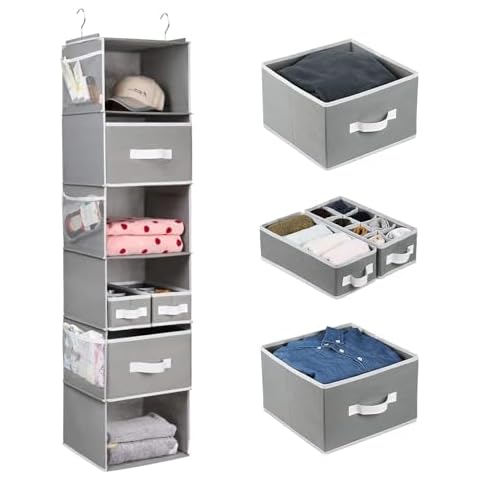 Univivi 6-Shelf Hanging Closet Storage Organizer, Hanging Closet Organizer with Drawers and 6 Side Pockets Closet Hanging Shelves for Baby, Nursery, Closet, Clothes, Tshirts - Gray Cover