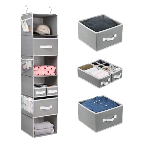 Image of Univivi 6-Shelf Hanging Closet Storage Organizer, Hanging Closet Organizer with Drawers and 6 Side Pockets Closet Hanging Shelves for Baby, Nursery, Closet, Clothes, Tshirts - Gray