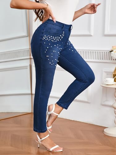 Women's Pearl Beaded Jeans Mid Rise Stretchy Skinny Denim Pants Slimming Fit Jean Bottoms3