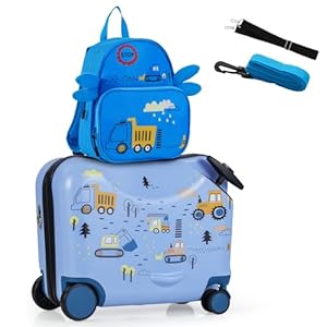 COSTWAY 2tlg Kinderkoffer + Rucksack, 12"+18" Kindertrolley mit Rollen & wasserdichter Hartschale, Kindergepäck mit Tragegurt, Seil & Fußstützen, Rollkoffer für Jungen Mädchen (Bagger)
