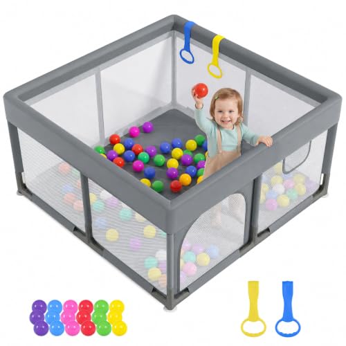 Dripex Laufstall Baby mit Matte, Laufgitter Baby 124×124cm, Hellgrau – Ansicht 1