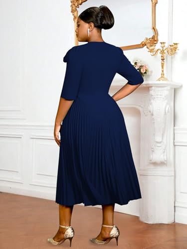 AOMEI Women's Green Crewneck Half Sleeve with Flower Buckle Pleated A-Line Work Dress3