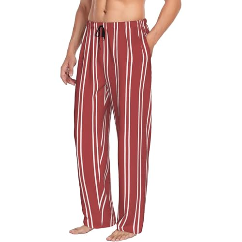 Mens Pajama Pants - Stripes Red White Print Soft Sleep Lounge Pants For Men, Casual Pj Bottoms With Pockets
