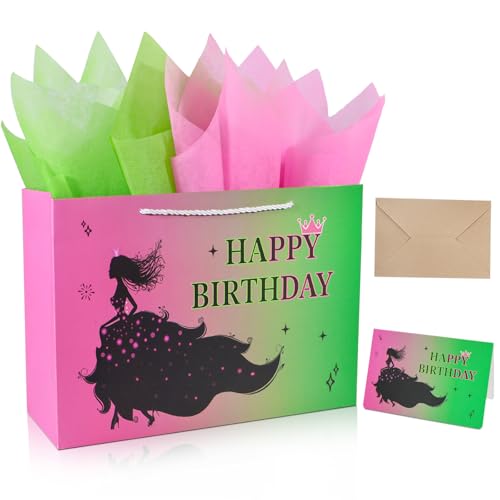 Kecorax Witch Happy Birthday Gift Bag 14 Pink and Green Birthday Bag for Girl with Wrapping Paper and Greeting Card Movie Themed Gift Bags with Envelope for Witch Themed Party