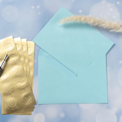 50 Pack Blue A7 Envelopes with Blank Cards Set, Envelopes 5 Colors with 5x7 Cardstock and Gold Stickers for Wedding Invitations (Blue, 5x7)