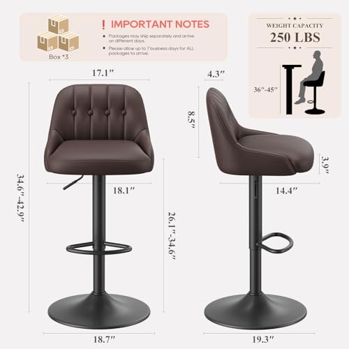 Image of MALOL Bar Stools Set of 6, Swivel Bar Chairs, Modern Adjustable PU Leather Upholstered Barstools Counter Height with Tufted Back for Bar, Kitchen Counter Island, Dining Room, Brown