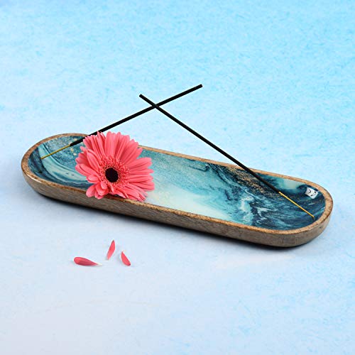 Folkulture Incense Holder Or Incense Burner Holder, Modern Insence Ash Catcher Or Insense Stick Holder For Table Décorations, Wooden Incense Tray For Sticks, Boho Gifts, Mango Wood, Blue #TOP1