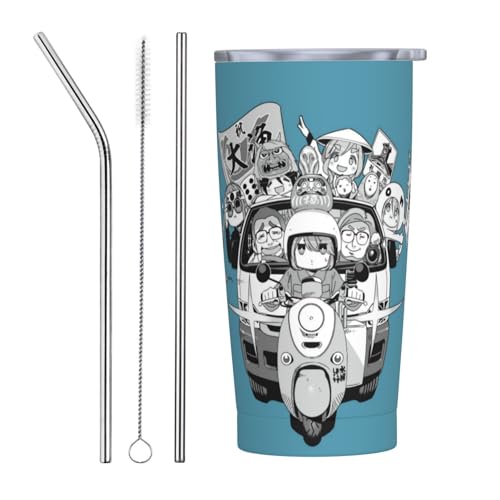 ゆるキャン アニメ ストロー&ストローブラシ付き マグカップ コーヒーカップ 600ml コンビニカップ タンブラー ステンレス製 保冷 保温 車用 蓋付き 持ち運び 水筒 大容量 直飲み キャラクター 人気 プレゼント