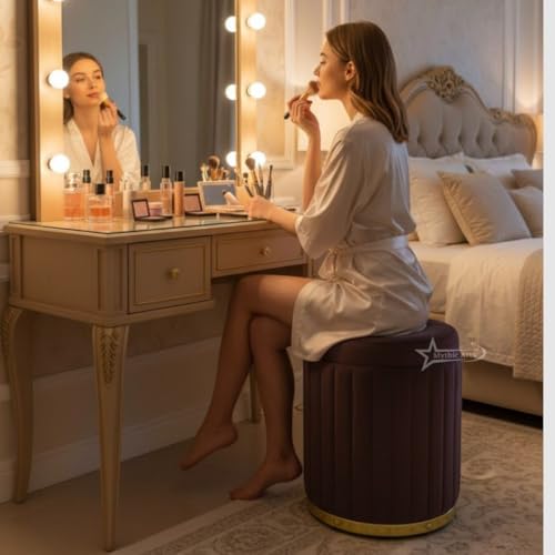 Image of Round Strip Stool with Cushion Foot Rest Office Stool Pouf Ottoman Padded Seat in Living Room - Brown