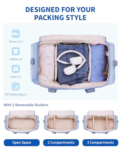 WANDF 18x14x8 For Spirit Airlines Personal Item Bag Lightweight Puffer Weekender Bags for Women Travel Duffle Carry On Bags with Shoe Compartment & TSA Approved Toiletry Bag (Slate Blue)4