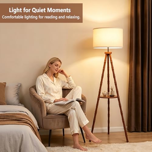Image of LAMSU Solid Wood Tripod Floor Lamp with Shelf, Mid Century Bobbin Standing Lamp with Fabric Shade and Foot Switch, Retro Farmhouse Tall Corner Lamps for Living Room Bedroom Office Reading, Brown