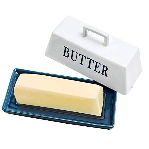 YCOCO Butter Dish with Lid,Ceramic Butter Holder and No-Slip Lid with Handle,Deluxe Butter Keeper For Counter Makes Spreading Effortless,Holds 1 Standard Stick,Blue