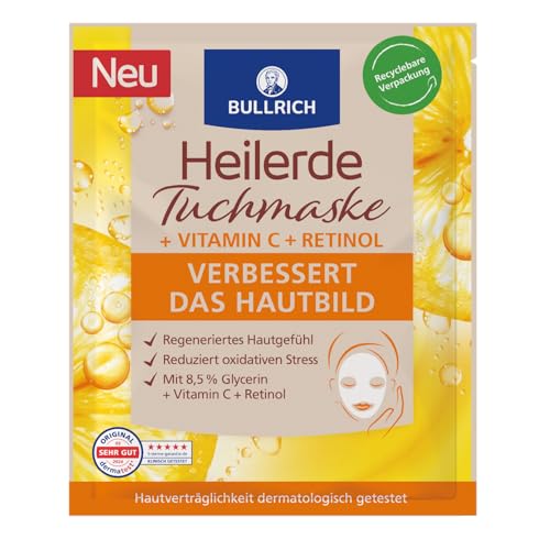 Bullrich Heilerde Tuchmaske + Vitamin C + Retinol | Verbessert das Hautbild | für sensible Hauttypen geeignet | vegan | 1 Tuchmaske