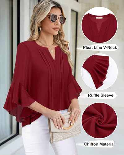 Image of Timeson Women's Short Sleeve V Neck Blouses Shirts Floral Double Layers Mesh Tunics Tops
