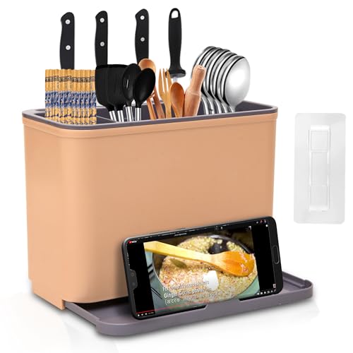 Self Adhesive Plastic Wall Mounted Kitchen Cutlery Holder,Spoon Holder,Chopstick Holder Organizer Stand (Beige & Grey)