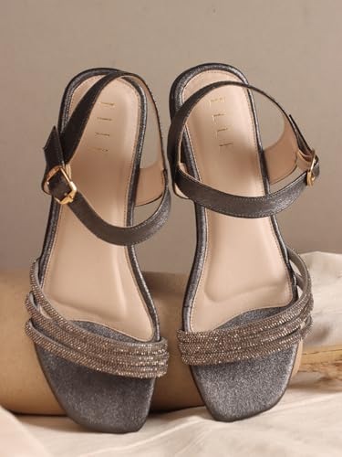 Image of ELLE Women's Comfortable Embellished Glitter Strap Ankle Sandals