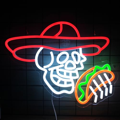 Image of Tacos Skull Neon Sign for Man Room Decor Funny Mexican Tacos Led Light Up Sign for Wall Decor Corn Skeleton Neon Signs for Boys led sign for Party Bar Club Restaurant Man Cave Wall Art Birthday Gift