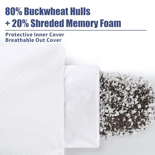 Hombys Shredded Memory Foam & Buckwheat Hull Pillow,Adjustable Height Pillow For Bed Sleeping,Firm Support Cooling Neck Support Pillow For Back Sleeper,Cervical Neck Pillow For Side Sleepers,14 Inchx20 Inch thumb #1