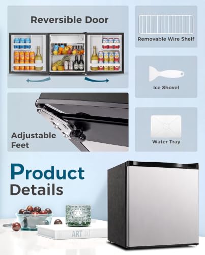 Image of Feelfunn Mini Fridge with Freezer - 1.7 Cu.Ft Single Door Mini Refrigerator with Adjustable Thermostat, Energy Saving, Low Noise, Small Fridge for Bedroom, Office, Dorm, Apartment, Classroom - Silver