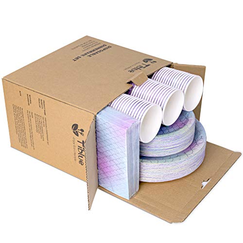Mermaid Party Supplies - 200Pcs Party Paper Plates Disposable Paper Dinnerware Set，50 Dinner Plates Dessert Plates Cups Napkins For Girl’s Birthday Baby Shower Wedding Hawaii Ocean Cocktail Party #TOP7
