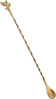 AnSaw Gold 10-Inch Stainless Steel Cocktail Spoon with Leaf Handle - Long Bar Stirrer for Mixing Layered Drinks in Tall Glasses & Shakers